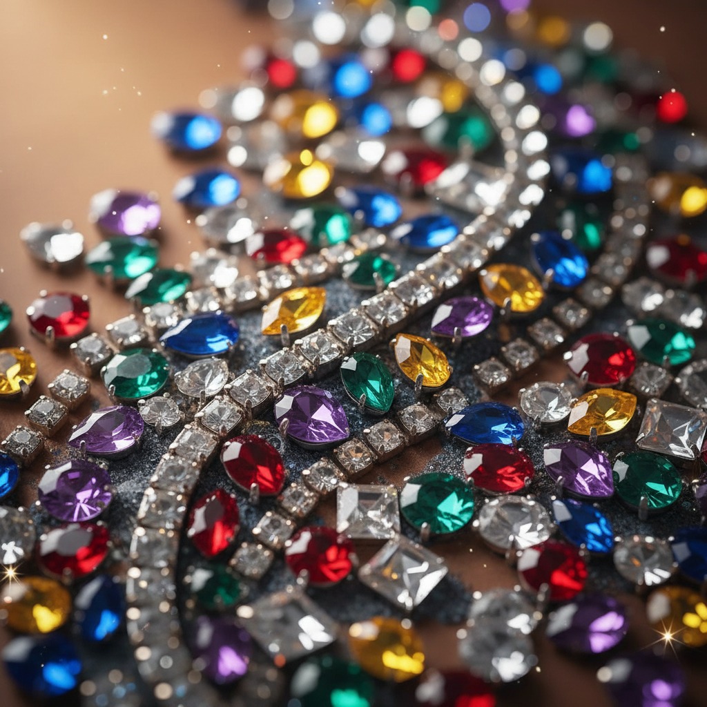 A collection of colorful, faceted gemstones and sparkling rhinestone chains arranged on a dark, textured surface.